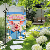 IVN Welcome Pig Spring Garden Flag 12x18 Inch Funny Piglet Watercolor Blue Garden Gate Fence Daisies Pink Flower Dasiy Watering Can Floral Double Sided Burlap Vertical Small Yard House Flag Seasonal Outdoor Decoration for Outside Home Front Door Lawn P...