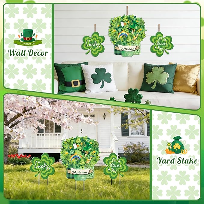Lawnldyll 3 Pcs Metal St. Patrick's Day Yard Signs with Lucky Shamrocks Happy St. Patrick's Day Hanging Door Decor Welcome Yard Stakes for Irish Holiday Home Patio Lawn Outdoor Indoor Decor