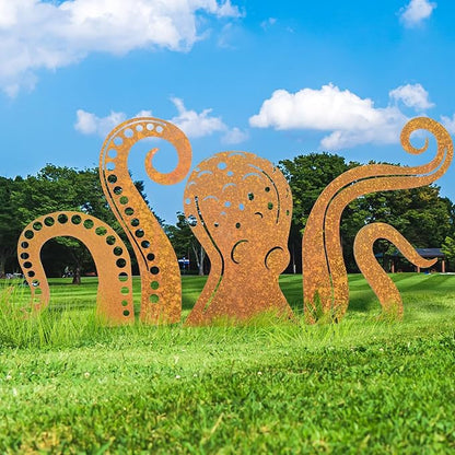 Octopus Garden Sculpture, Octopus Silhouette Artistic Metal Garden Sculpture Squid Garden Figurine Ornaments for Lawn Yard Outdoor Backyard Statue Decorations (50CM)