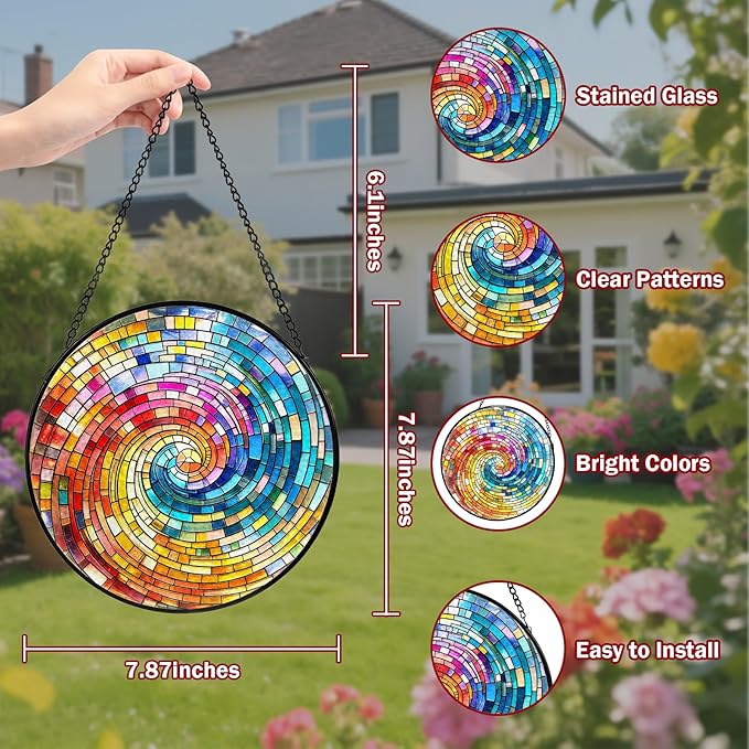 Rainbow Spiral Stained Glass, Suncatcher for Window Hanging, Decoration for Window Sun Catcher Wall Art for Mom Grandma, Gifts for Rainbow Lovers, for Home Yard Office Decor