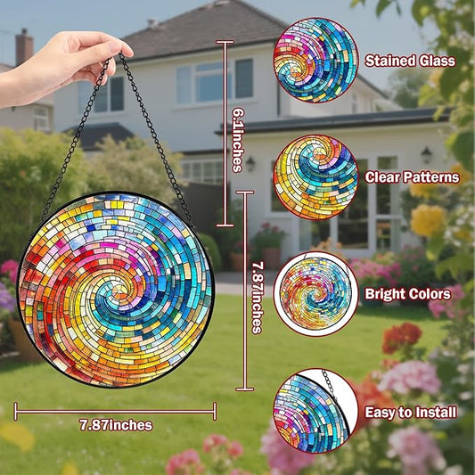 Rainbow Spiral Stained Glass, Suncatcher for Window Hanging, Decoration for Window Sun Catcher Wall Art for Mom Grandma, Gifts for Rainbow Lovers, for Home Yard Office Decor