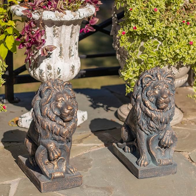 Zaer Ltd. Magnesium Pair of Lion Statues (Outdoor Safe) (21" Tall w/Shield (Set of 2), Aged Bronze (Painted))