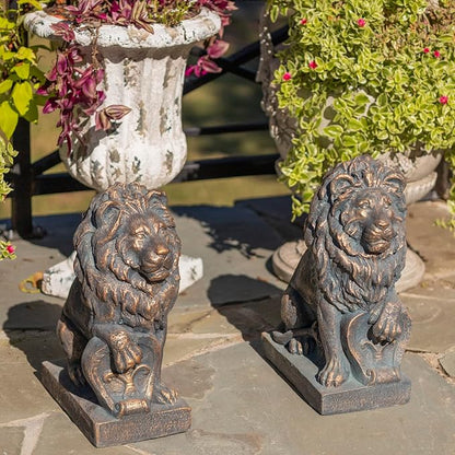 Zaer Ltd. Magnesium Pair of Lion Statues (Outdoor Safe) (21" Tall w/Shield (Set of 2), Aged Bronze (Painted))
