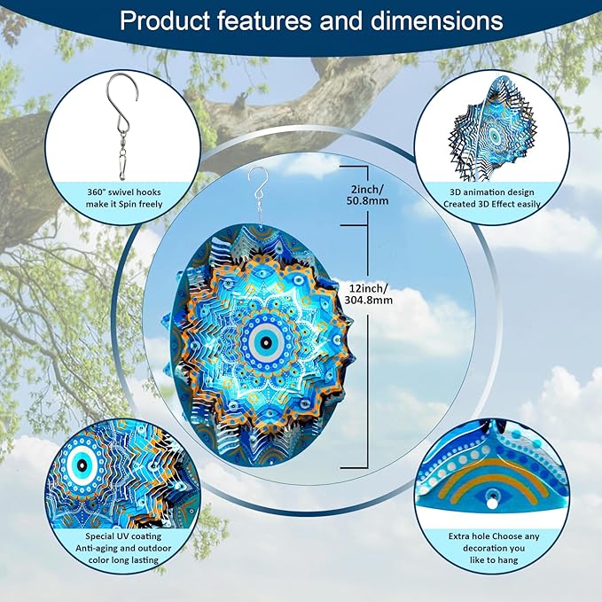 Aoedelyart Wind Spinners Outdoor Mandala Peacock Blue Eye‌,12In Stainless Steel Wind Spinner Hanging Garden Decor,Garden Gifts for Women,Men,Mother,Father,Wind Sculptures 3D Kinetic Yard Art Ornament