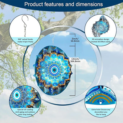 Aoedelyart Wind Spinners Outdoor Mandala Peacock Blue Eye‌,12In Stainless Steel Wind Spinner Hanging Garden Decor,Garden Gifts for Women,Men,Mother,Father,Wind Sculptures 3D Kinetic Yard Art Ornament
