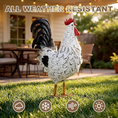 Zhengmy Metal Rooster Garden Statue Lifelike Colorful Metal Rooster Yard Decor Hand-Painted Iron Chicken Sculpture for Patio Lawn Backyard Farmhouse Outdoor Indoor Decoration(White and Black)