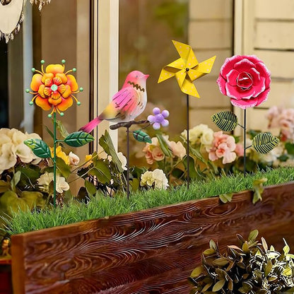 8 Pcs Metal Flower Garden Stakes for Outside Outdoor 14" Spring Wildflowers Metal Signs Waterproof Decorations Bird Dragonfly Windmill Landscape Ornament for Lawn Yard Garden Patio Porch Art