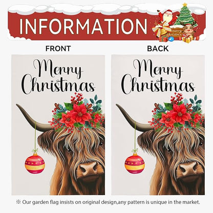 Merry Christmas Garden Flag Highland Cow with Santa Ball Premium Yard Flags Red Holly Flowers Double Sided House Banners Xmas Cows Seasonal Happy Holiday Farmhouse Banner 12x18 Inch