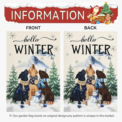 Hello Winter Garden Flag Double Sided Dog Retriever Retrievers Snowflake Burlap Yard Flag Rustic Farmhouse UV Fade Resistant Snow Man Small Garden Flags Front Porch Lawn Outdoor 12x18 Inch