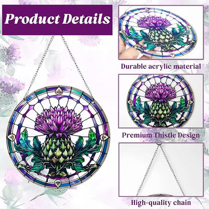 2 Pack Acrylic Thistle Window Hanging, 8in Scottish Symbol Stained - Style Decor, Suncatcher Ornament for Home Wall & Window, Ideal Gift for Celtic Culture Lover
