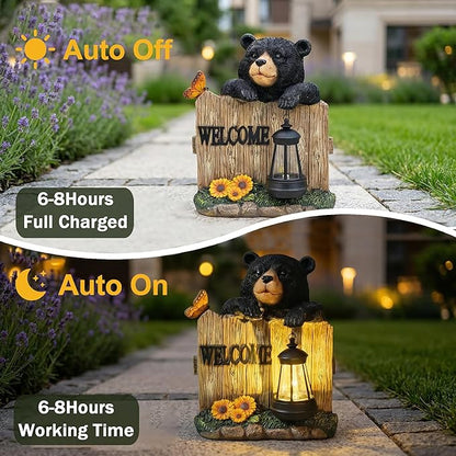 Garden Black Bear Welcome Sign with Solar Lantern, Decorative Outdoor Statue with Butterfly and Sunflowers, Lawn and Porch Decor