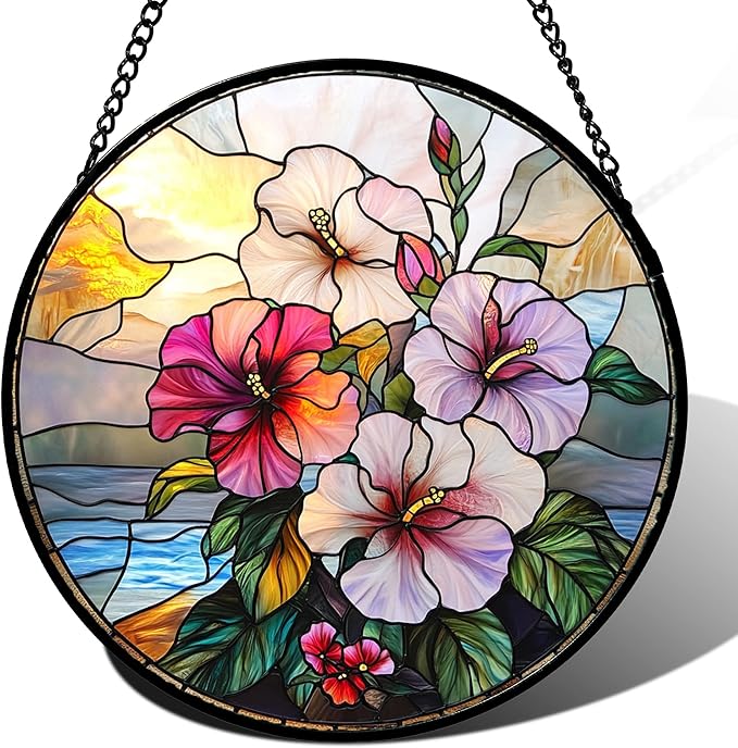 Stained Glass Window Hanging Pink Purple Hibiscus Flowers 7.8" - Suncatcher Door Garden Sunroom Sun Catcher Decor Birthday Christmas for Mom Men Woman Nana Friend