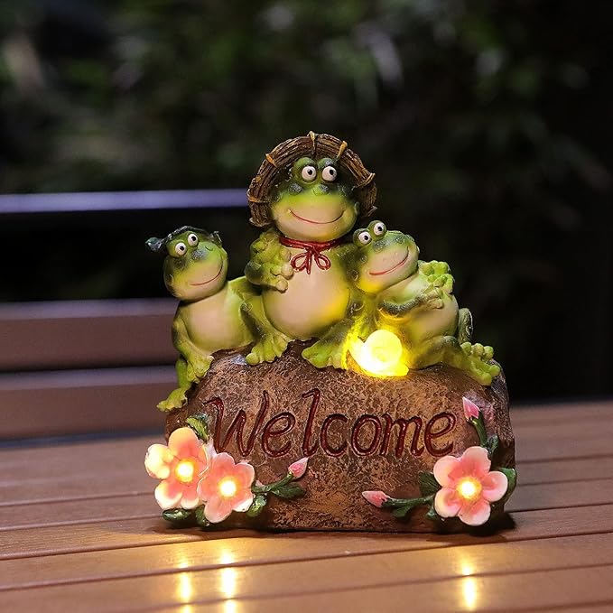 FLOWER EYE Solar Garden Statues - 6.8'' Frog Statue Figurine,Waterproof LED Mother&Sons Sculpture for Outside Yard Pathway Patio,Valentine Mother's Day Birthday Frogs Gifts for Women Mom Grandma