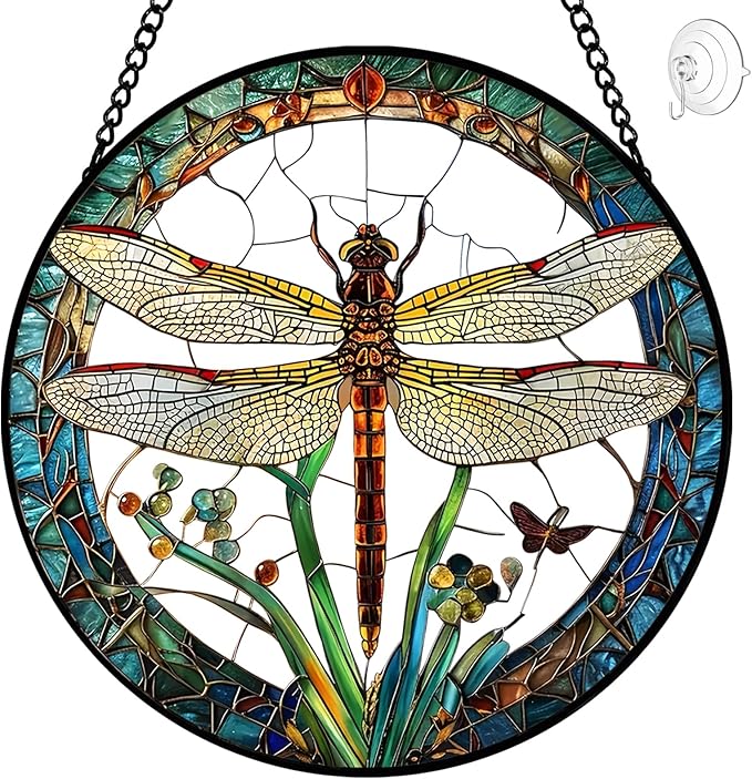 Dragonfly Suncatcher Stained Glass Window Hanging - 8″ Handmade Dragonflies Plant Suncatchers for Windows Hanging - Sun Catchers Christmas Decorations Glass Panel - Birthday Gifts for Women Men Mom