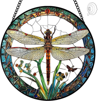 Dragonfly Suncatcher Stained Glass Window Hanging - 8″ Handmade Dragonflies Plant Suncatchers for Windows Hanging - Sun Catchers Christmas Decorations Glass Panel - Birthday Gifts for Women Men Mom