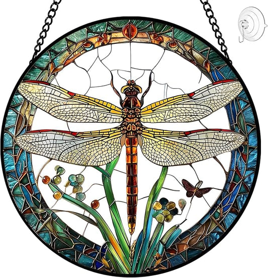 Dragonfly Suncatcher Stained Glass Window Hanging - 8″ Handmade Dragonflies Plant Suncatchers for Windows Hanging - Sun Catchers Christmas Decorations Glass Panel - Birthday Gifts for Women Men Mom