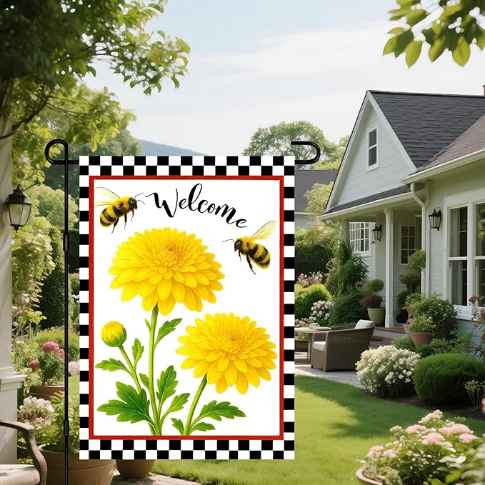 IVN Welcome Garden Flag 12x18 Inch Double Sided Spring Summer Garden Yard Flags Yellow Chrysanthemum Flowers Bees Decorative Small Flags for Outdoor Seasonal Front Door Lawn Porch Patio Decor Yard Flag