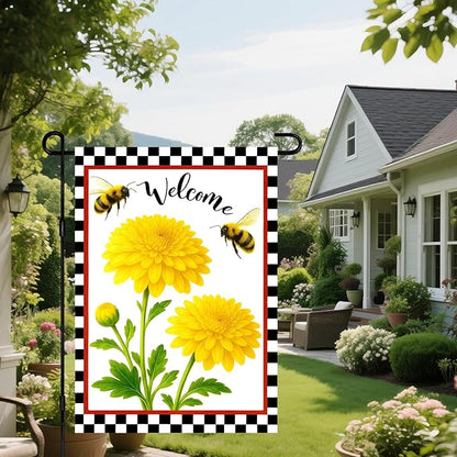 IVN Welcome Garden Flag 12x18 Inch Double Sided Spring Summer Garden Yard Flags Yellow Chrysanthemum Flowers Bees Decorative Small Flags for Outdoor Seasonal Front Door Lawn Porch Patio Decor Yard Flag