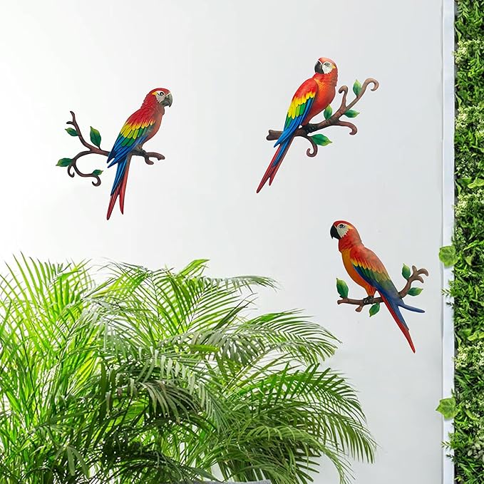 Limygus Metal Parrot Wall Art Decor, 3 Pack Colorful Tropical Bird Decorations, Hanging Outdoor Fence Artwork for Garden Yard Living Room Bedroom Balcony
