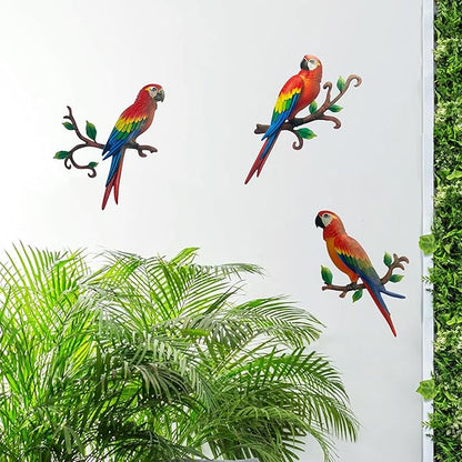 Limygus Metal Parrot Wall Art Decor, 3 Pack Colorful Tropical Bird Decorations, Hanging Outdoor Fence Artwork for Garden Yard Living Room Bedroom Balcony