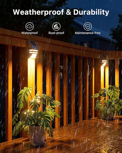4 Pack Solar Stainless Steel Fence Lights Outdoor Waterproof Motion Sensor Wall Sconce for Backyard Post, Deck, Porch, Stair Rail, Dock, Gate, Walkway, Steps, Patio, Garden, Ambiance Warm Lighting