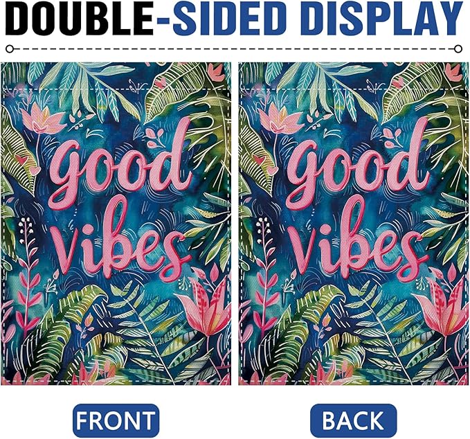 Dyrenson Good Vibes Good Tropical Plant Decorative Garden Flag, Motivational Pink Flower Leaves Yard Outside Home Decoration, Botanical Floral Burlap Outdoor Small Decor Double Sided 12 x 18