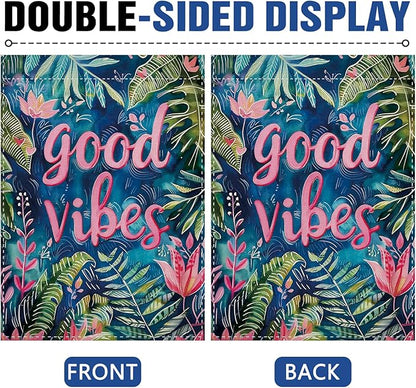Dyrenson Good Vibes Good Tropical Plant Decorative Garden Flag, Motivational Pink Flower Leaves Yard Outside Home Decoration, Botanical Floral Burlap Outdoor Small Decor Double Sided 12 x 18