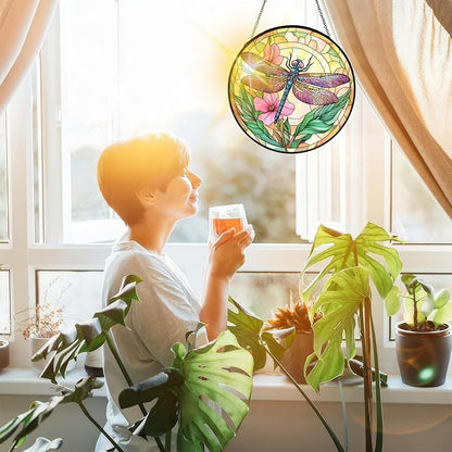 Bimkole Dragonfly Stained Glass Suncatcher Window Hanging - Flowers Design for Indoor Window or Doorway Decoration - 7.87x7.87 inch with Chain and Hook - Unique Home Decor Gift