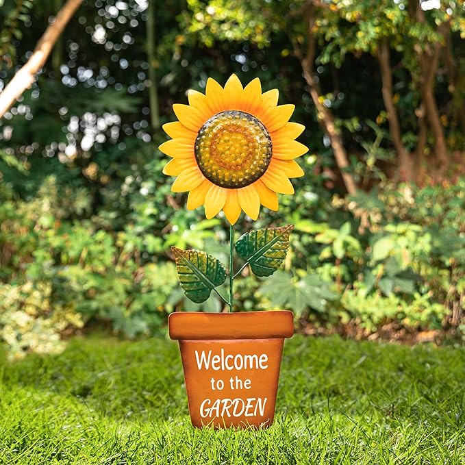 Glitzhome Sunflower Garden Stake, 36 ”H Metal Lifelike Yard Sign Outdoor Ornament Welcome to the Garden Sign Brilliant Blooming Spring Yard Stake