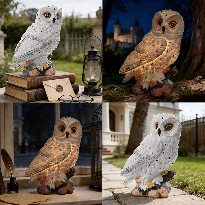 Solar Owl Garden Outdoor Statue,Owl Figurine Sculpture with LED Lights for Porch Patio Lawn Yard Deck Spring Decor - Ideal Easter Day Housewarming for Women Men Owl Lover(White)