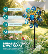 Solar Wind Spinners Outdoor, 63x13 Inch Double Layer Metal Wind Spinner with Crackle Glass Ball, Built-in Solar Panel, Peacock Feather Kinetic Yard Art with LED Light for Garden Decor