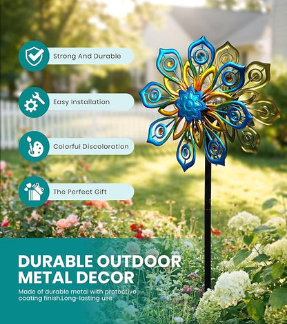 Solar Wind Spinners Outdoor, 63x13 Inch Double Layer Metal Wind Spinner with Crackle Glass Ball, Built-in Solar Panel, Peacock Feather Kinetic Yard Art with LED Light for Garden Decor