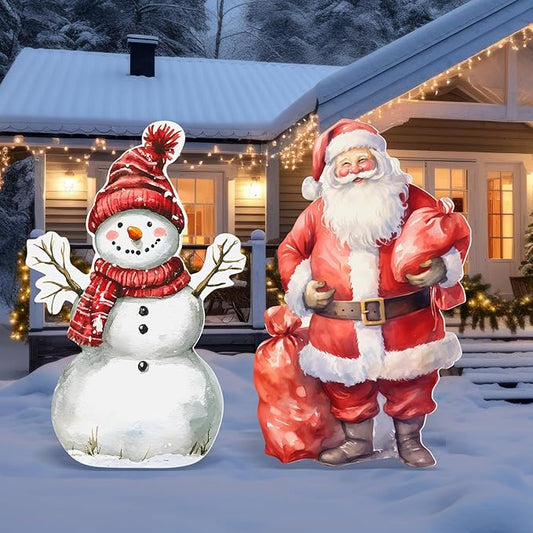 Pinkunn 2 Pcs Large Vintage Christmas Outdoor Decorations PVC Yard Snowman Santa Stake 28" Decorative Yard Stakes Windproof Waterproof for Xmas Farmhouse Lawn Garden Home Outside Decorations