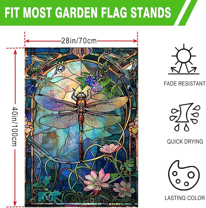 Stained Glass Dragonfly House Flag Spring Summer Yard Flag Floral Decorative Flags for Outside 28x40 Double Sided Large Seasonal Garden Flags Outdoor Indoor Yard Garden Decor