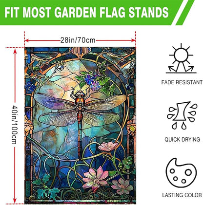 Stained Glass Dragonfly House Flag Spring Summer Yard Flag Floral Decorative Flags for Outside 28x40 Double Sided Large Seasonal Garden Flags Outdoor Indoor Yard Garden Decor