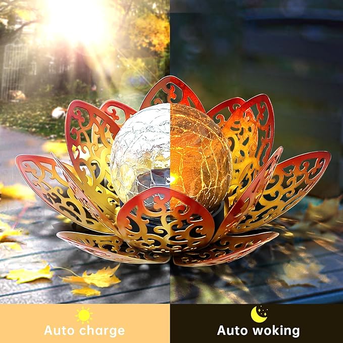 2 Pack Solar Lights Outdoor Garden 6.3 " Glass Lotus Lamp Waterproof LED Metal Flower Lights Outdoor Garden Table Decor for Outside Balcony, Patio, Deck, Porch, Walkway