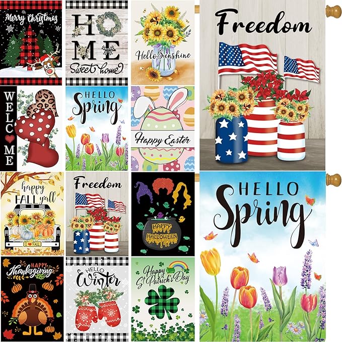 Seasonal Garden Flags Set of 12 Double Sided 28 x 40 Inch Yard Flags, Large House Flags for Outside, Fall Winter Halloween Christmas Outdoor Flags, Holiday Garden Flags for All Seasons