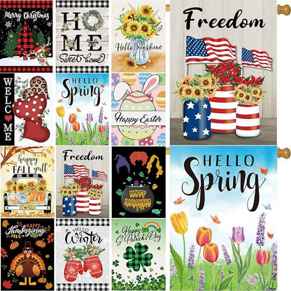 Seasonal Garden Flags Set of 12 Double Sided 28 x 40 Inch Yard Flags, Large House Flags for Outside, Fall Winter Halloween Christmas Outdoor Flags, Holiday Garden Flags for All Seasons