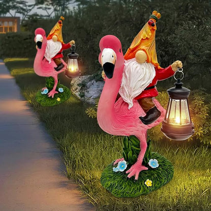 Gnomes Flamingo with Solar Lantern, Whimsical Decor for Garden, Yard, Patio, Lawn, LED Lights - Unique Gift for Women, Mom, Friends(Red Gnomes)