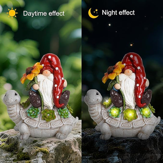 basen Solar Turtle Gnome Garden Statue Outdoor Decor, Resin Turtle with Gnome Figurine and LED Light, Solar Powered Yard Art for Lawn Patio Porch Pathway, Weather Resistant