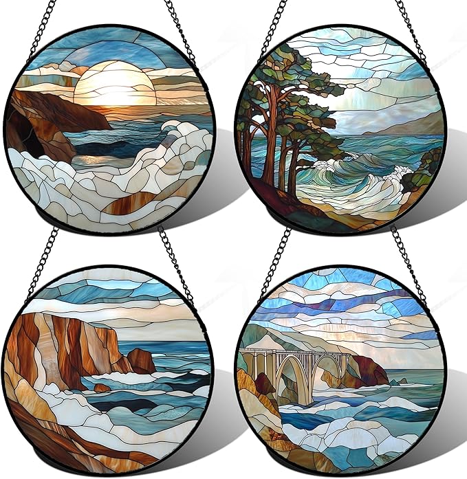 DASTOLL Stained Glass Window Hanging 4 Pcs Set Ocean Waves Large 15" - Blue and White Sea Suncatcher Door Garden Sun Catcher Decor Birthday Christmas for Mom Woman Nana Men