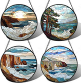 DASTOLL Stained Glass Window Hanging 4 Pcs Set Ocean Waves 9.8" - Blue and White Sea Suncatcher Door Garden Sun Catcher Decor Birthday Christmas for Mom Woman Nana Men