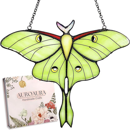Green Luna Moth Stained Glass Window Hanging - Handmade Real Glass Suncatcher for Women, Mom, Grandma - Elegant Green Butterfly Gifts Box Home Decor (H5.8xW7.3 Inch)