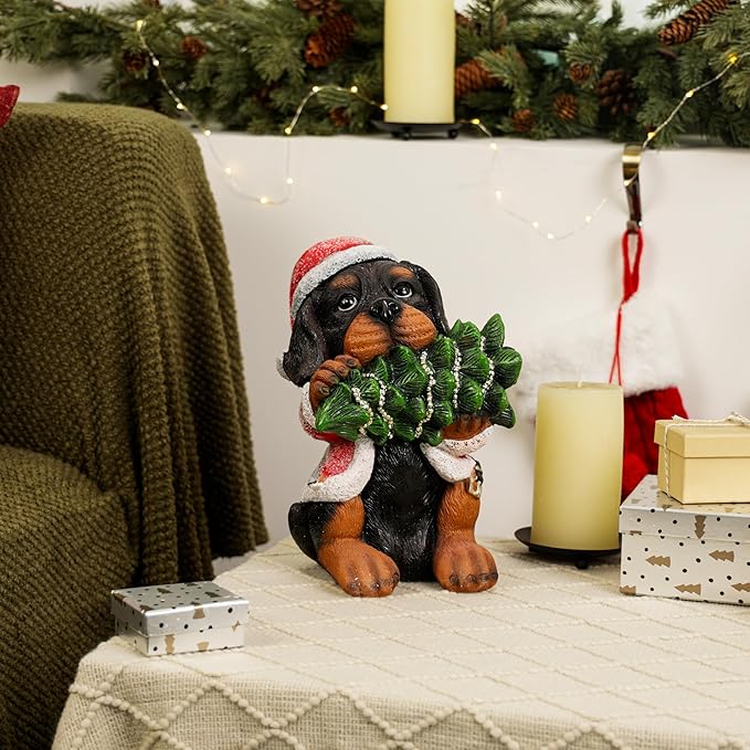 Alpine Corporation 12" Tall Puppy Christmas Statue with Santa Coat and Pine Tree, Weather-Resistant Resin Figurine, Indoor/Outdoor Holiday Decoration for Porch or Entryway