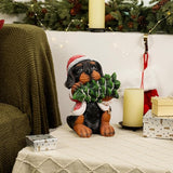 Alpine Corporation 12" Tall Puppy Christmas Statue with Santa Coat and Pine Tree, Weather-Resistant Resin Figurine, Indoor/Outdoor Holiday Decoration for Porch or Entryway
