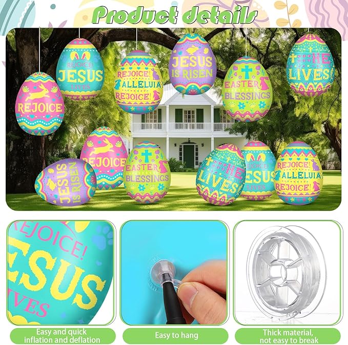 Jetec 12 Pcs 12 Inch Religious Easter Egg Inflatable Decorations Hanging Inflatable Easter Egg Outdoor Decorations Large Christian Eggs Spring Jesus is Risen Yard Decor for Church Lawn Garden