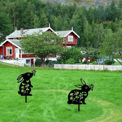 CREATCABIN 2Pcs Rabbit Metal Decor for Outside Black Rabbit Stake Rabbit Garden Decor Art Bunny Silhouette Statues Garden Decorative Ground Insert Lawn Ornaments for Outside Outdoor 9/12.4x11.8Inch