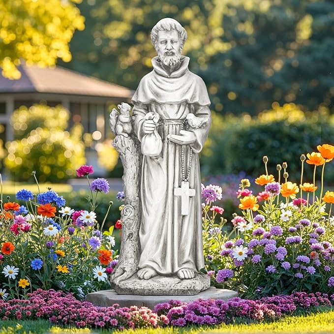 St Francis Garden Statue, 31" Saint Francis Catholic Outdoor Statues, Large Religious Christian Sculpture Deor for Prayer and Meditation, Patron Saint of Animals Patio in Durable MGO Stone