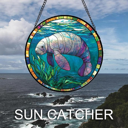 Stained Glass Window Hanging Blue Ocean Seaweed Manatee 9.8" - Suncatcher Door Garden Sunroom Sun Catcher Home Decor Birthday Christmas for Mom Men Woman Nana