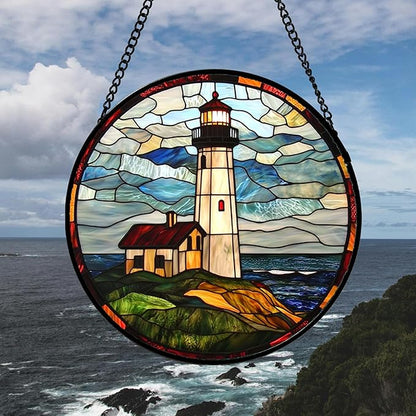 DASTOLL Stained Glass Window Hanging, Ocean Lighthouse Sun Catchers Glass Panel Blue Green Suncatcher Decor for Birthday for Women, Men, Wife, Aunt, and Mom 14.9x14.9 in